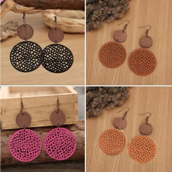 ✨🆕🔅BoHo Bohemian PU Leather Hollow Out Round Drop Earrings🔅✨ - Picture 1 of 10